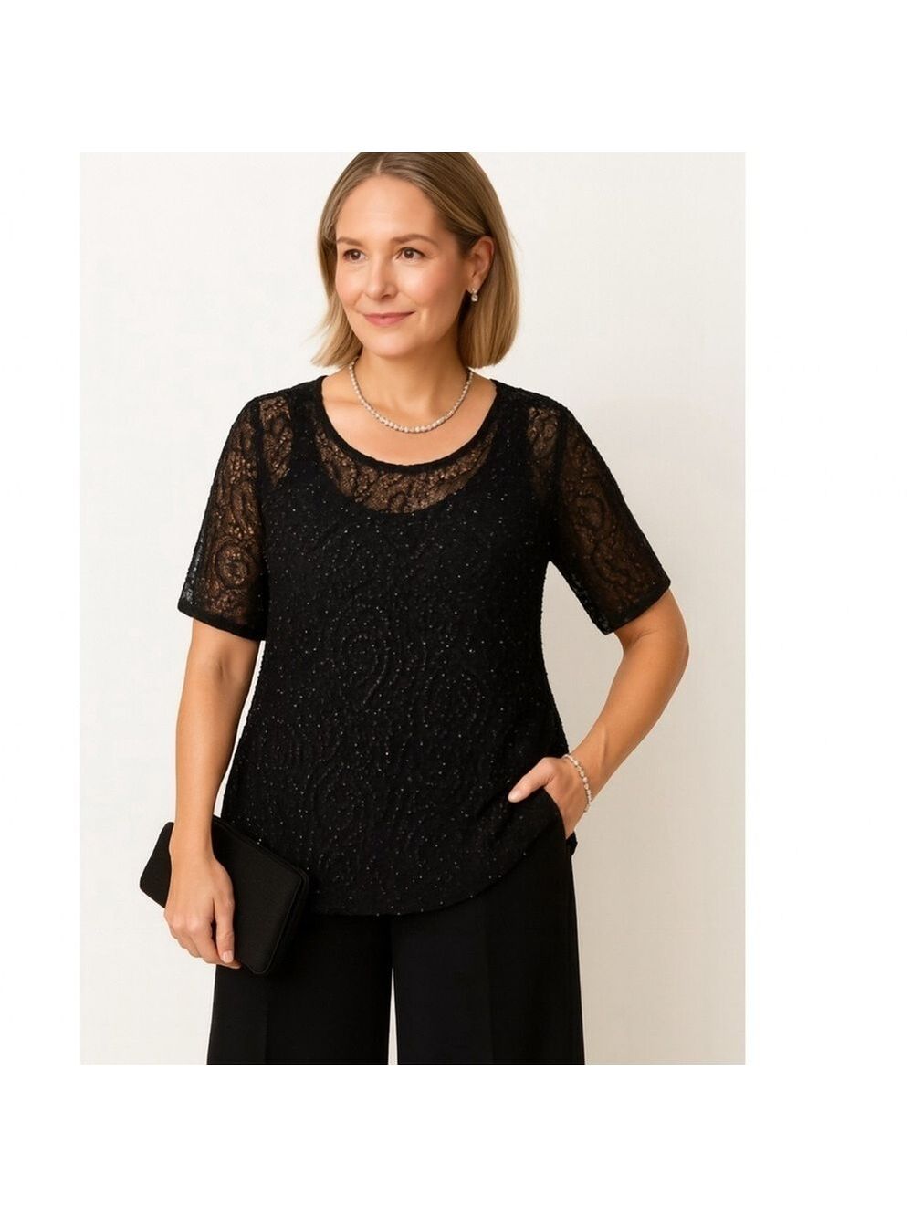 Vintage Dana Buchman Black Beaded Open Knit Top Sheer Sparkle Evening Wear L/XL
